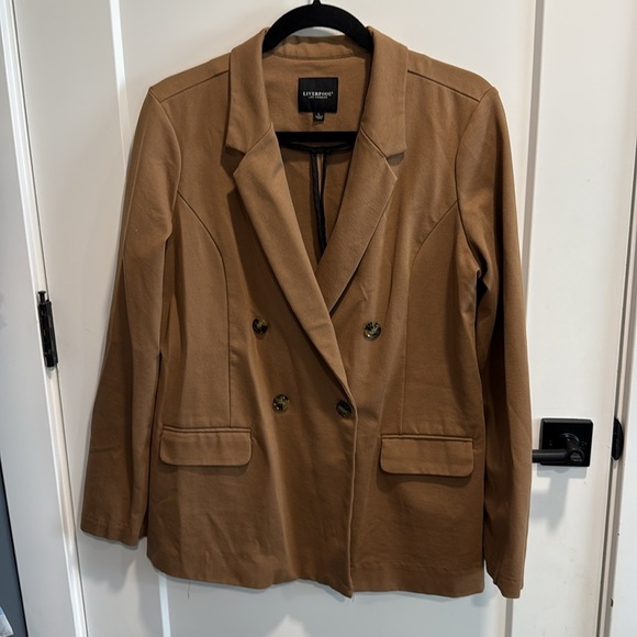 Liverpool X Living in Yellow Becca Double Breasted Tan Blazer Large EUC - Picture 3 of 14